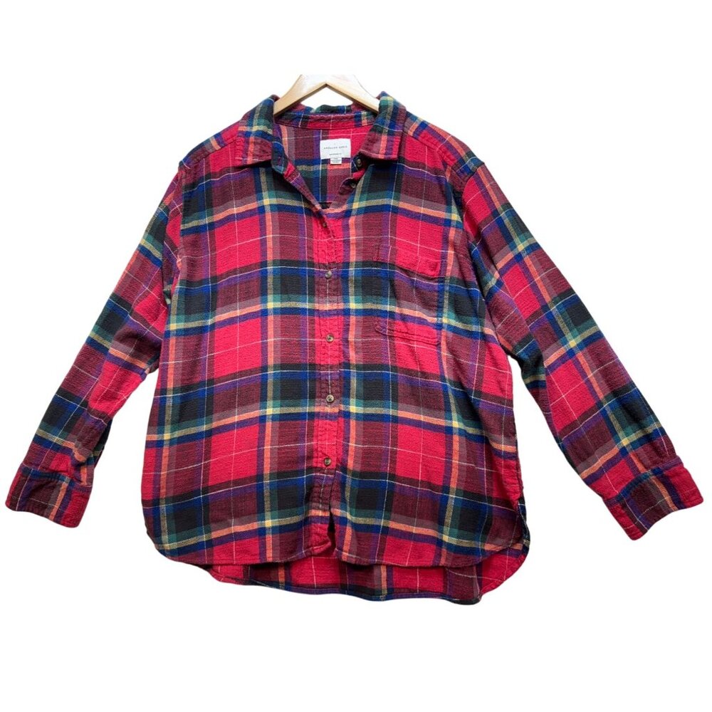 American Eagle Womens Boyfriend Fit Button Up Shirt Large Red Plaid Flannel Top